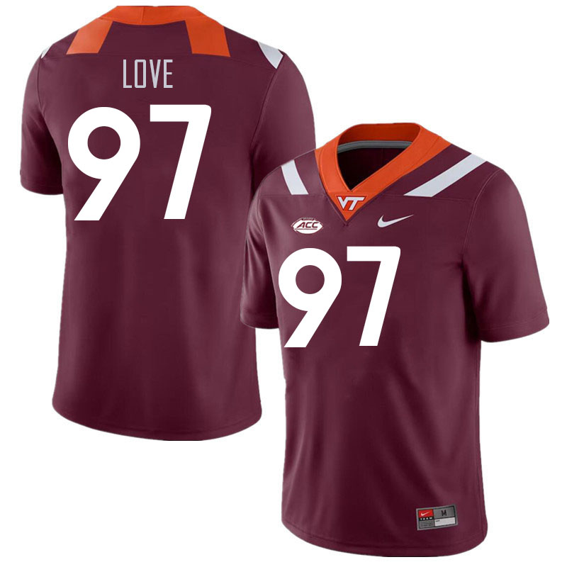 Men #97 John Love Virginia Tech Hokies College Football Jerseys Stitched Sale-Maroon